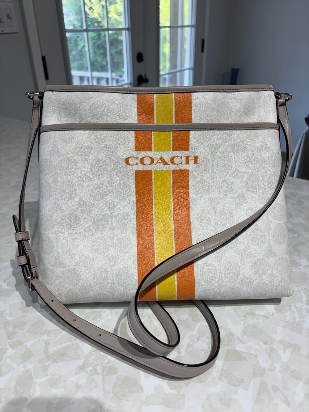 COACH White Crossbody with Orange and Yellow Center Stripes